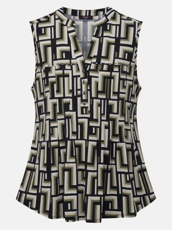 Cocomo Tops - Cocomo Women's Plus Size 3X Black Beige Geo Print Studded Pintuck Sleeveless Top